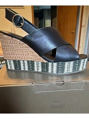 Linea Paolo Women’s Black Leather Wedge Sandals Ankle Strap Buckle US 9.5 M